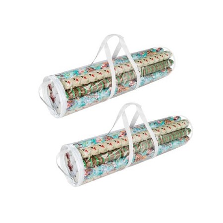 HASTINGS HOME Set of 2 Wrapping Paper Storage Bag Organizers for 30" Rolls of Gift Wrap, Clear Totes with Handles 779175DBS